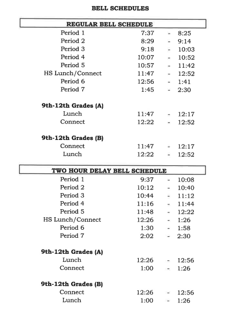 High School Regular and Two-Hour Delay Bell Schedule 2025-2026
